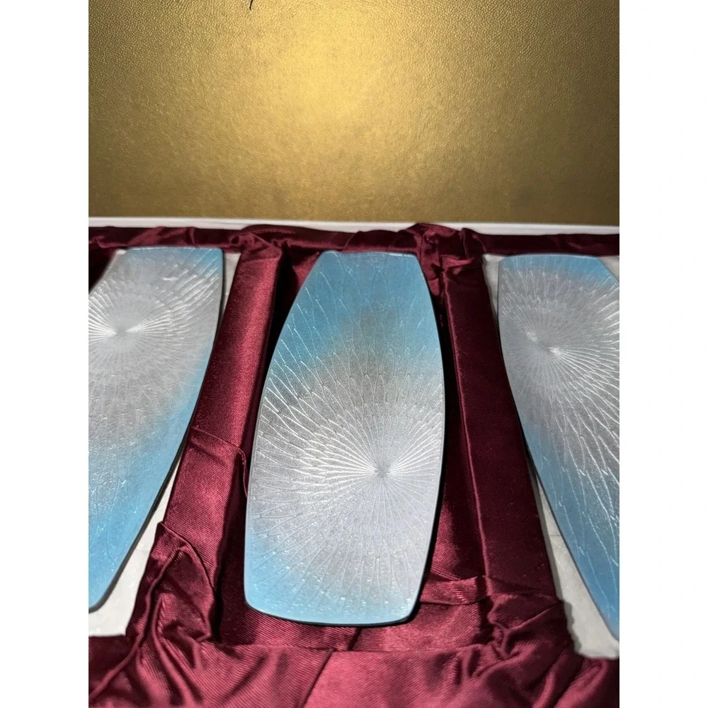 Japanese Handmade Enamel Oshibori‎ Towel Tray Set 3 Blue White Gradient 7in